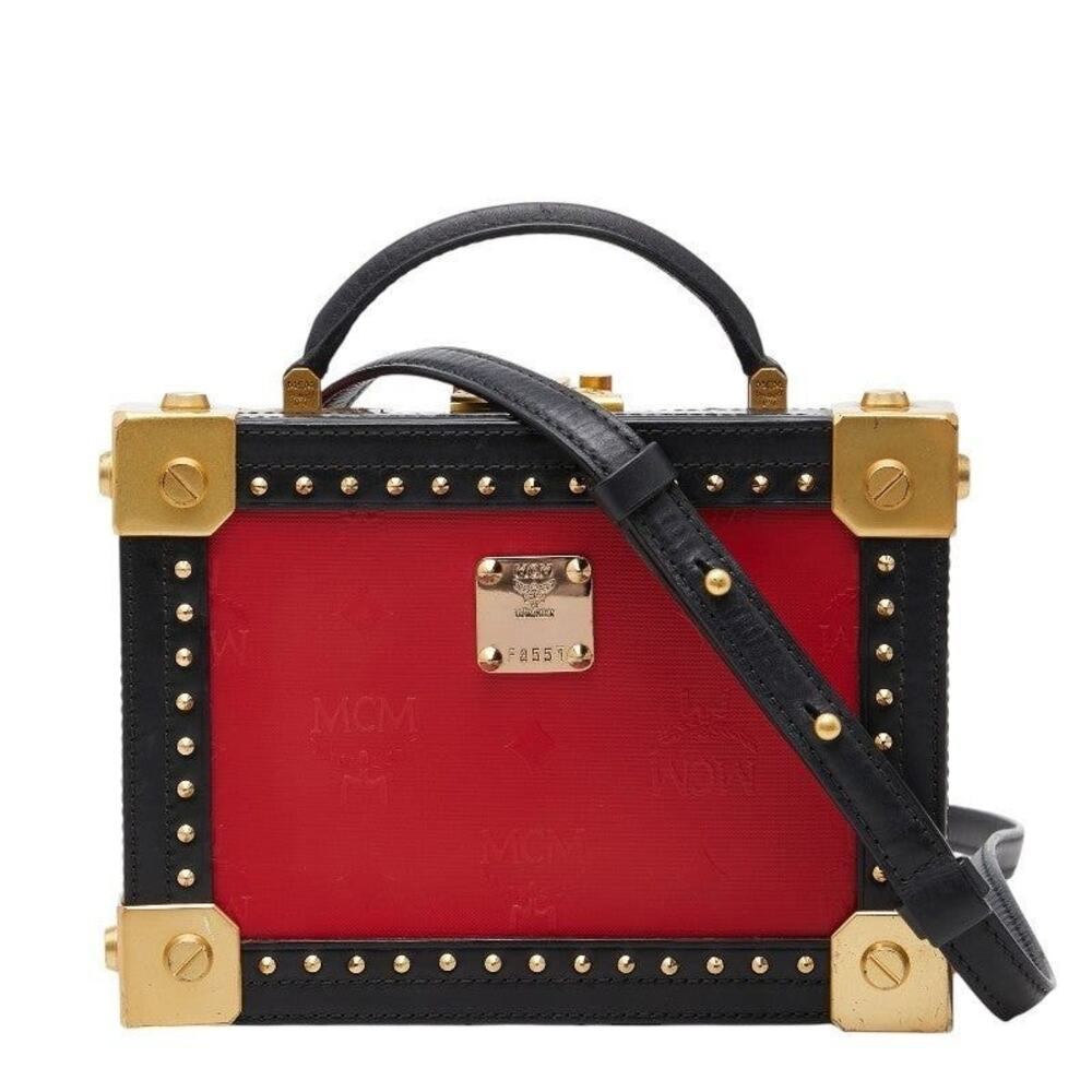 MCM Leather Logo Studs Handbag Red Black Gold